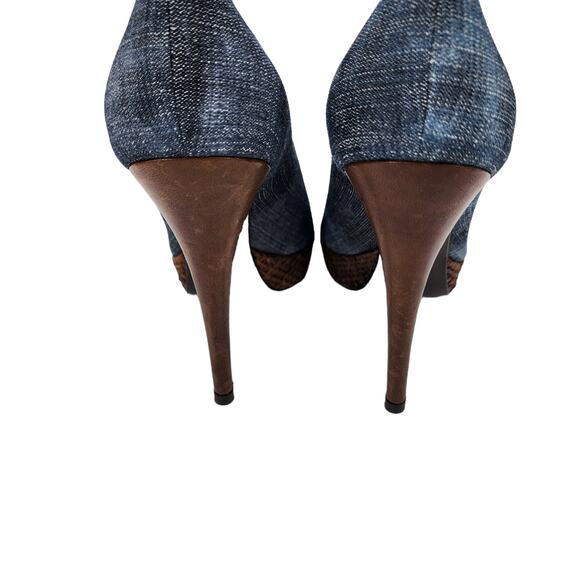 Stuart Weitzman Blue Denim Jean Platform Rattan 4 Inch Heels Size 10 - Picture 3 of 6